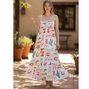 Baeverly Cactus & Boot Print Spaghetti Strap Flowy Tiered Maxi Dress Size Small